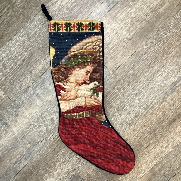 Vintage Holiday Vintage Needlepoint Christmas Stocking Angel With